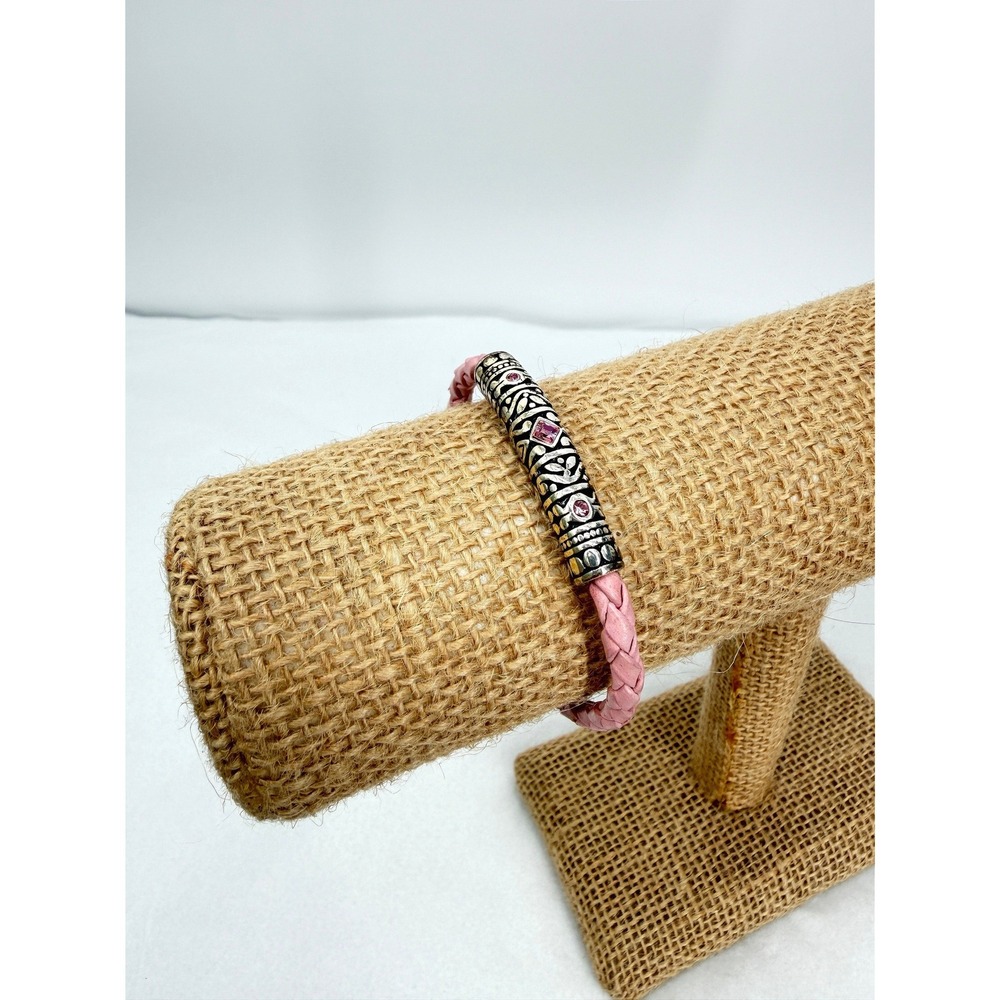 Pink Braided Woven Leather Bracelet Silver Plated Tube w/ Pink Crystals Boho OS